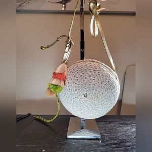 Eric Javis Sequishee Bali raffia circle cross body white and beige